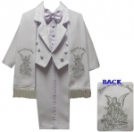 BOYS TUXEDO W/ BROCADED VEST & SCARF AND ANGEL ON THE BACK (WHT/SILVER)